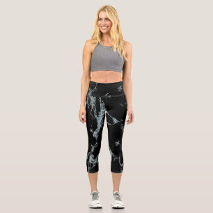 Light Turquoise Vein Black Marble Look Capri Leggings