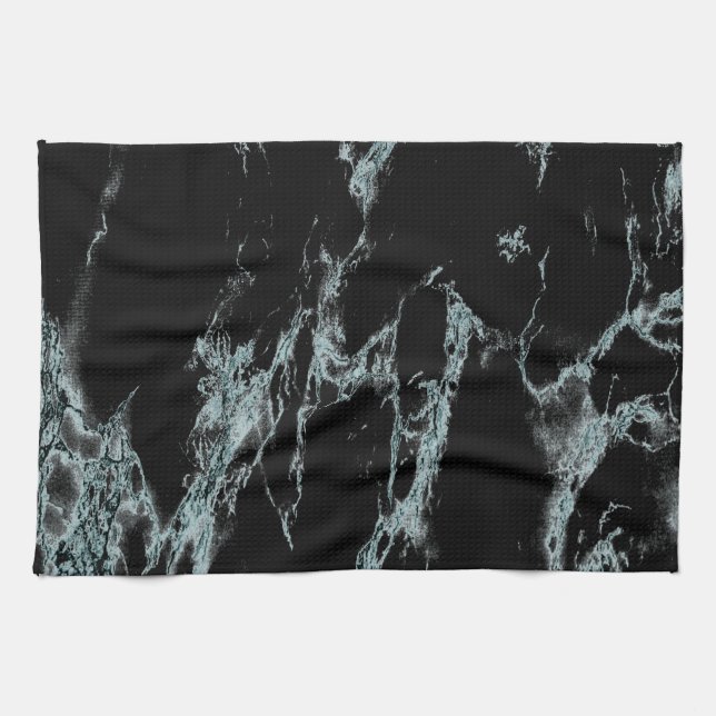 Light Turquoise Vein Black Marble Look Tea Towel (Horizontal)
