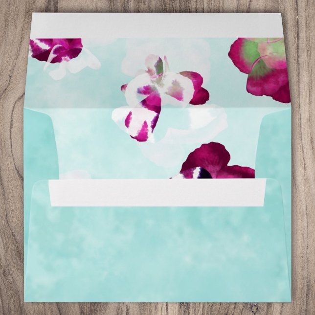 Light Turquoise, Violet Pansies Wedding Envelope (light turquoise 5x7 envelope with violet, berry pink pansies, floral pink and cyan wedding envelope)