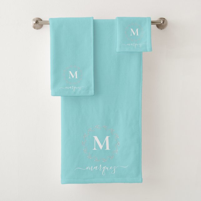 Light Turquoise White Botanical Wreath Monogram Bath Towel Set (Insitu)