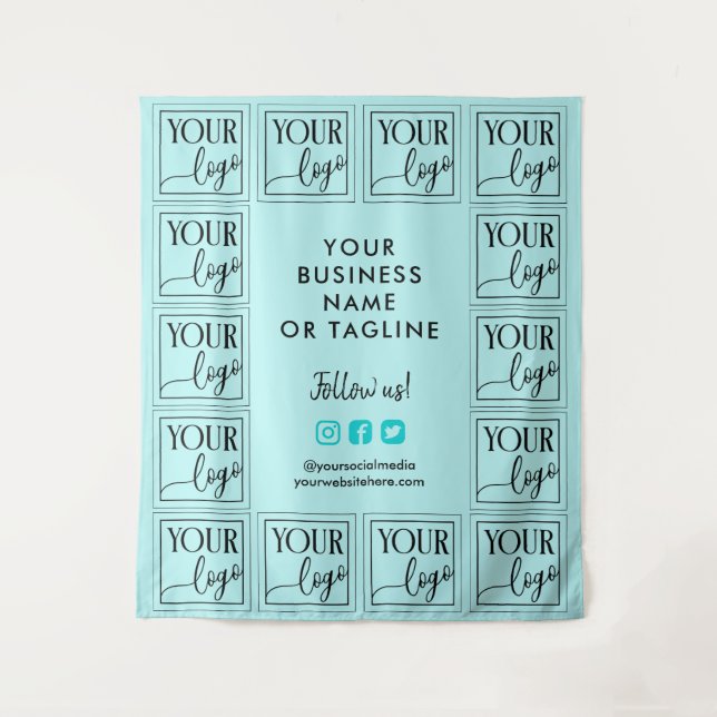 Light Turquoise Your Logo & Social Media Backdrop Tapestry (Front)