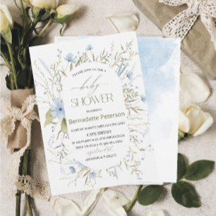 Light  Watercolor Blue Wildflowers  BabyInvitation Invitation