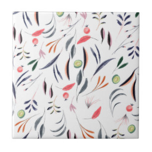 Light Watercolor Leaves and Berries Pattern Ceramic Tile
