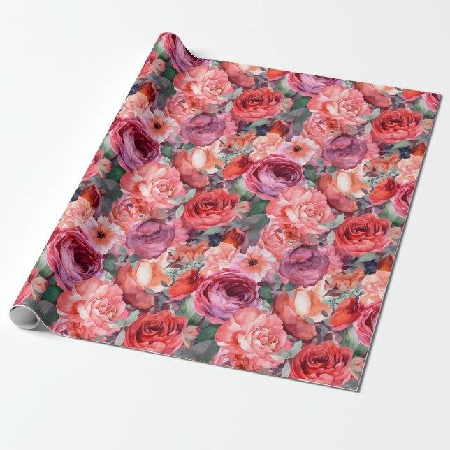 Light Watercolor Roses Wrapping Paper Roll (Unrolled)