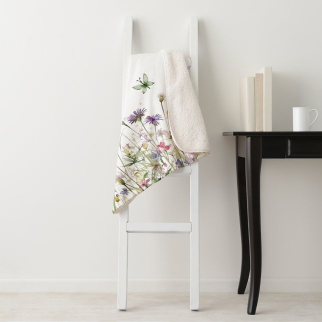 Light Watercolor wildflowers butterflies meadow Sherpa Blanket (In Situ)