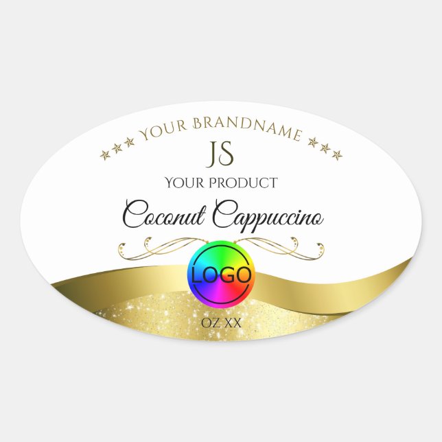 Light White Wavy Gold Logo Monogram Product Label (Front)