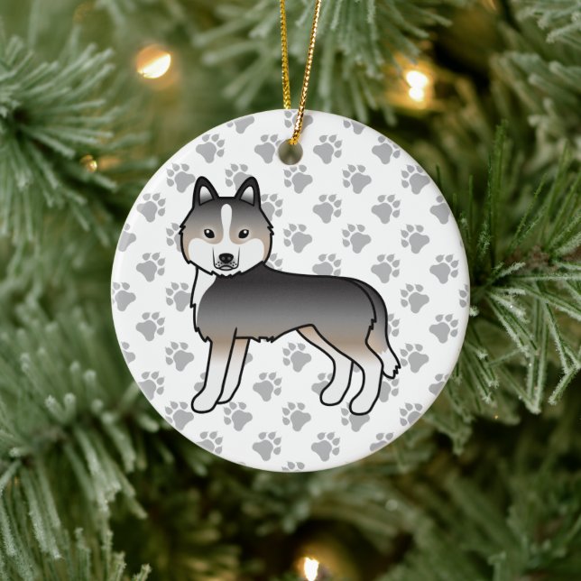 Light Wolf Grey Siberian Husky Cute Cartoon Dog Ceramic Ornament (Tree)