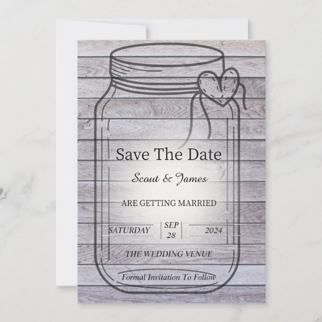 Light Wood Background with Heart Mason Jar Save The Date (Front)