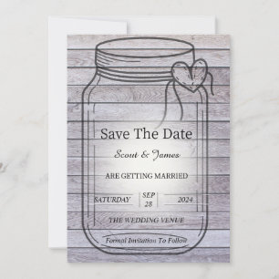 Light Wood Background with Heart Mason Jar Save The Date
