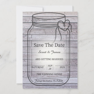 Light Wood Background with Heart Mason Jar Save The Date