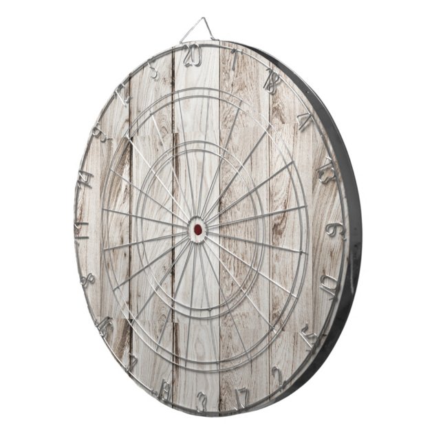 Light Wood Dartboards (A dartboard made of light-colored wood, with a metal wire grid and a red bullseye.)