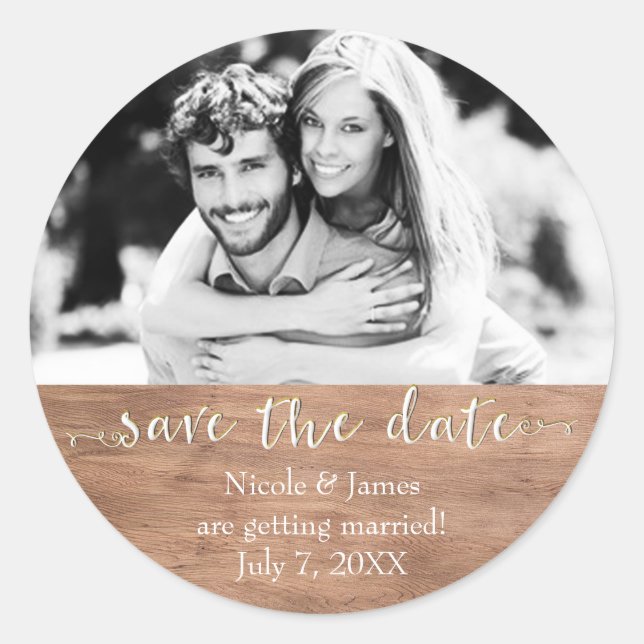 Light Wood SAVE THE DATE Glam Rustic Wedding Photo Classic Round Sticker (Front)