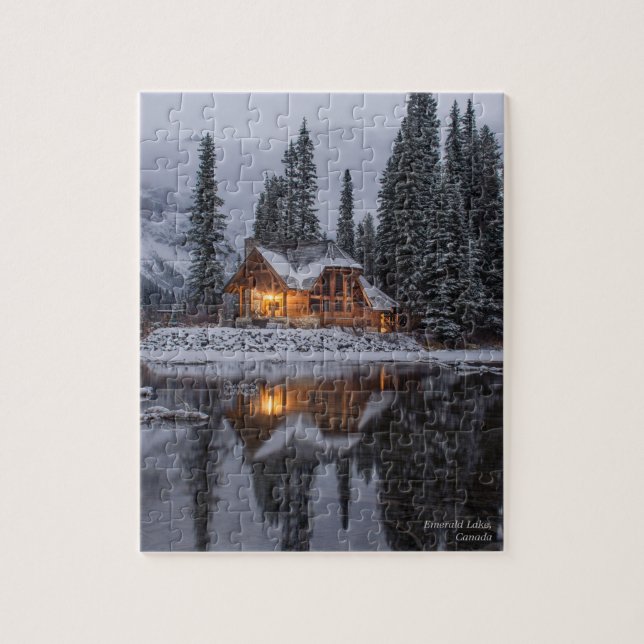 Light Wooden House Pine Trees Snow Lake Jigsaw Puzzle (Vertical)