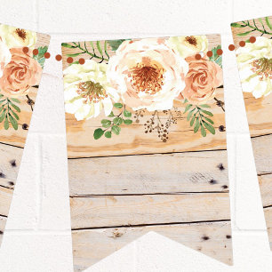Light Wooden Panel Watercolor Floral Flowers Bunting