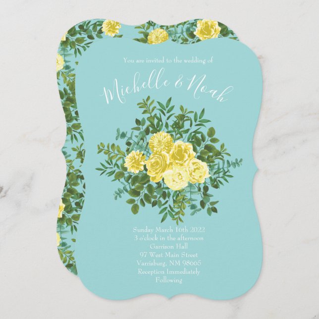 Light Yellow & Aqua Teal Rose Floral Wedding Invitation (Front/Back)