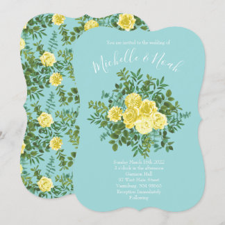 Light Yellow & Aqua Teal Rose Floral Wedding Invitation