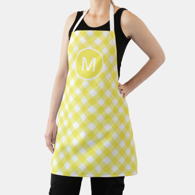 Light Yellow Classic Gingham Pattern Monogram Apron (Insitu)