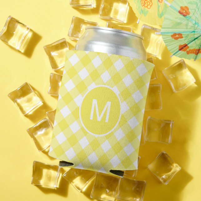 Light Yellow Classic Gingham Pattern Monogram Can Cooler (In Situ Summer)