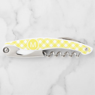 Light Yellow Classic Gingham Pattern Monogram Corkscrew