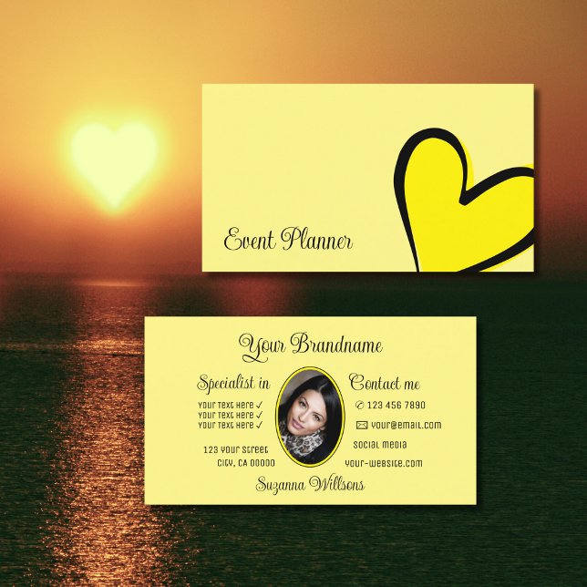 Light Yellow Gorgeous Heart Modern with Photo Cute Business Card (Creator Uploaded)