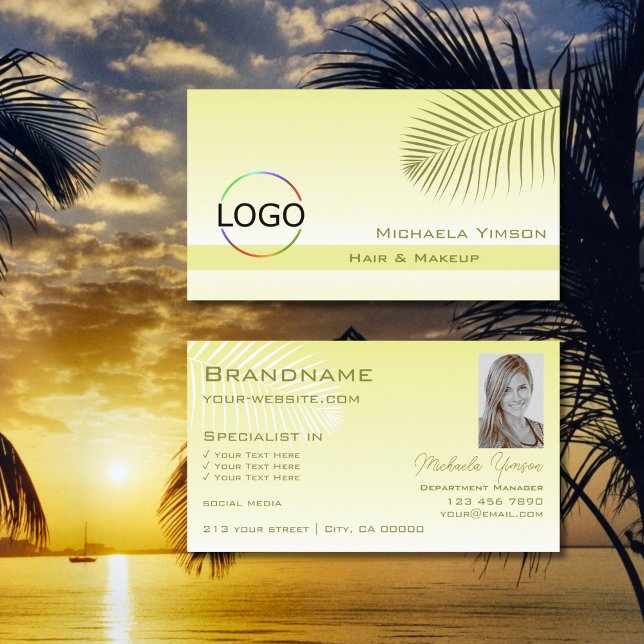 Light Yellow Gradient Palm Leaf Logo and Photo Business Card (Creator Uploaded)