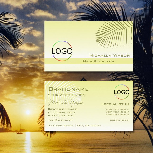 Light Yellow Gradient Palm Leaf with Logo Stylish Business Card (Creator Uploaded)