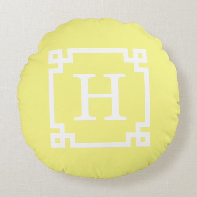 Light Yellow Greek Key Frame #2 Initial Monogram Round Cushion (Front)