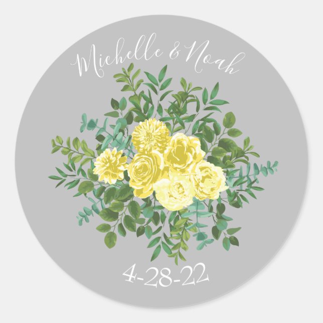 Light Yellow & Grey Peony & Rose Floral Wedding Classic Round Sticker (Front)