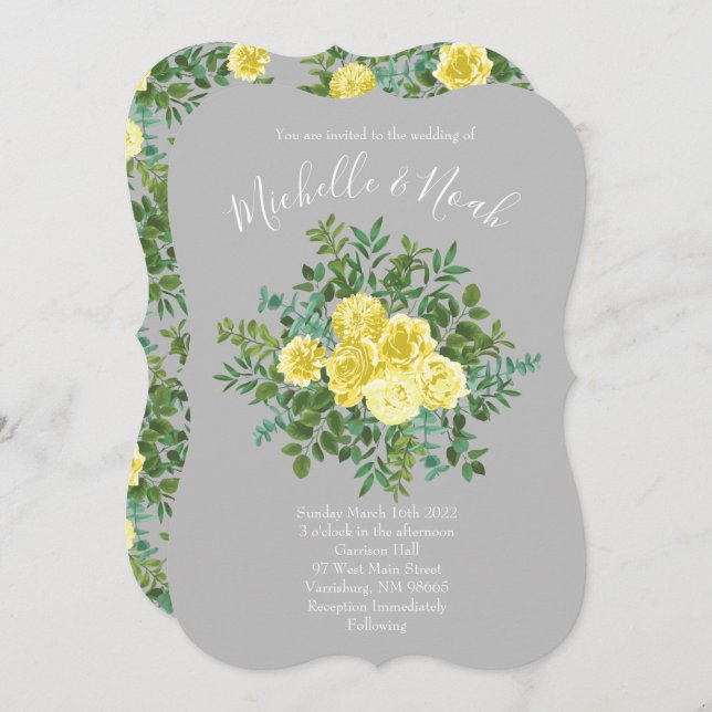Light Yellow & Grey Peony & Rose Floral Wedding Invitation (Front/Back)