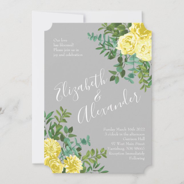 Light Yellow & Grey Peony & Rose Floral Wedding Invitation (Front)
