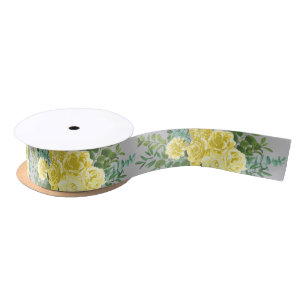 Light Yellow & Grey Peony & Rose Floral Wedding Satin Ribbon