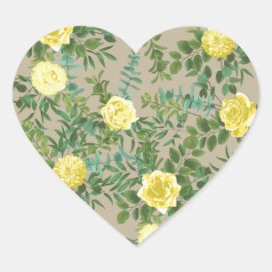 Light Yellow & Khaki Ecru Rose Floral Wedding Heart Sticker