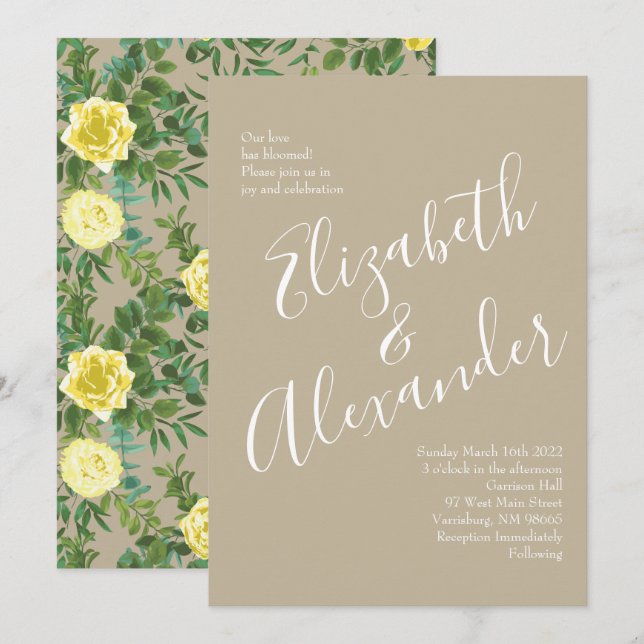 Light Yellow & Khaki Ecru Rose Floral Wedding Invitation (Front/Back)