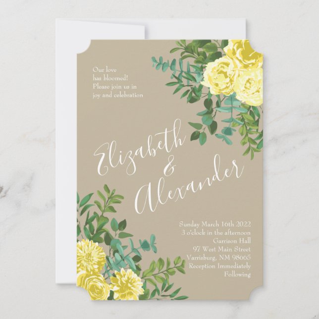 Light Yellow & Khaki Ecru Rose Floral Wedding Invitation (Front)
