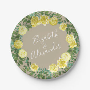 Light Yellow Khaki Ecru Rose Floral Wedding Paper Plate