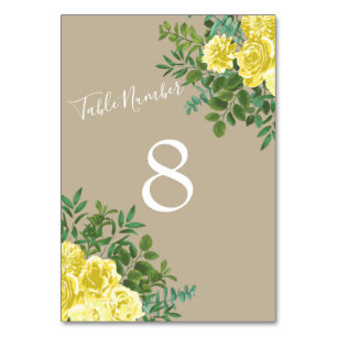 Light Yellow & Khaki Ecru Rose Floral Wedding Table Number