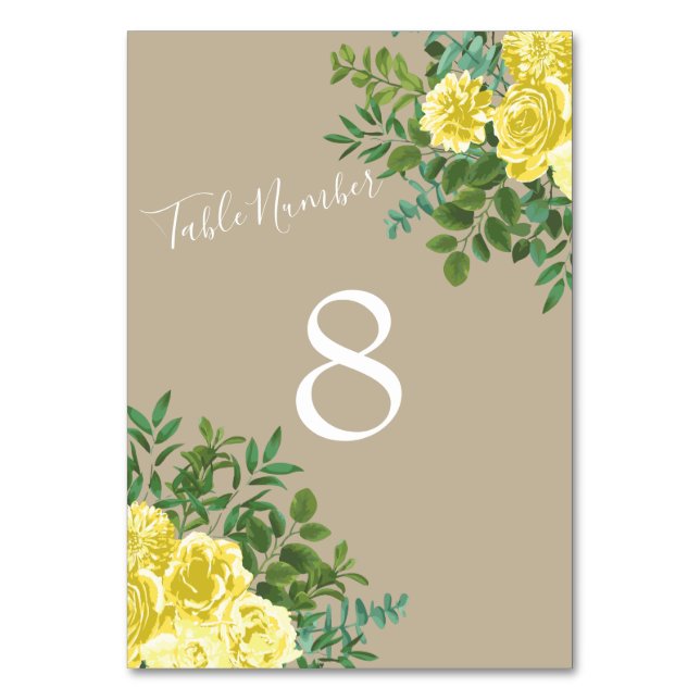 Light Yellow & Khaki Ecru Rose Floral Wedding Table Number (Back)