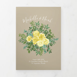 Light Yellow Khaki Ecru Rose Wedding Programs Tri-Fold Programme