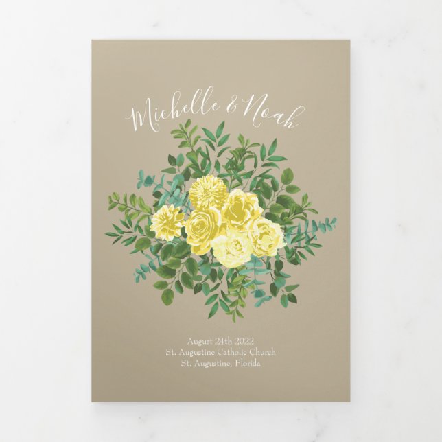 Light Yellow Khaki Ecru Rose Wedding Programs Tri-Fold Programme (Cover)
