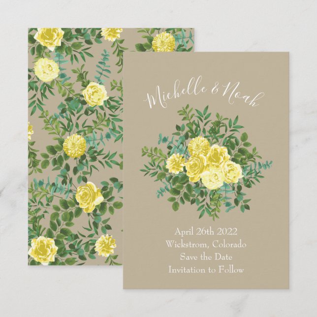 Light Yellow & Khaki Ecru Wedding Save Date Invitation (Front/Back)