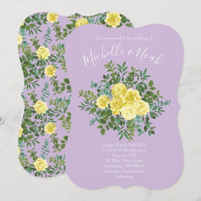 Light Yellow & Lilac Purple Rose Floral Wedding Invitation (Front/Back)