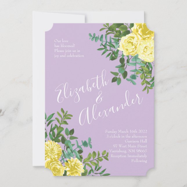 Light Yellow & Lilac Purple Rose Floral Wedding Invitation (Front)