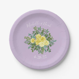 Light Yellow & Lilac Purple Rose Floral Wedding Paper Plate