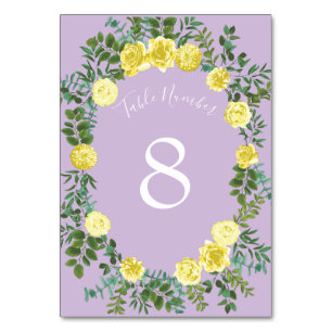 Light Yellow Lilac Purple Rose Floral Wedding Table Number