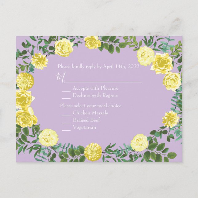Light Yellow Lilac Purple Rose Wedding Reply Card (Front)