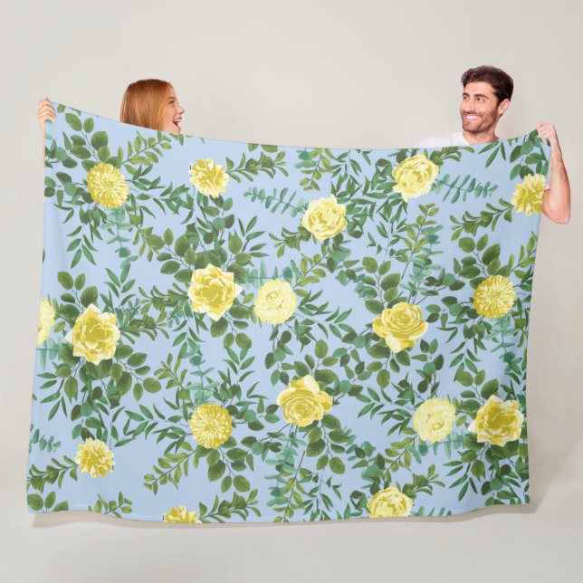 Light Yellow & Pale Blue Rose Floral Wedding Fleece Blanket (In Situ)