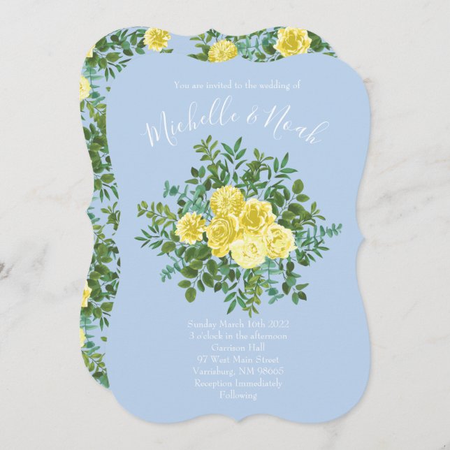 Light Yellow & Pale Blue Rose Floral Wedding Invitation (Front/Back)