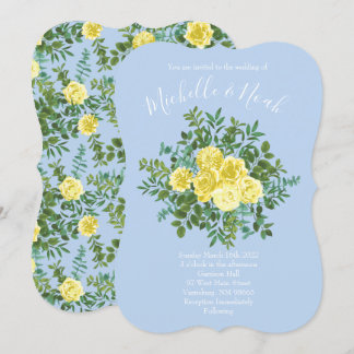 Light Yellow & Pale Blue Rose Floral Wedding Invitation