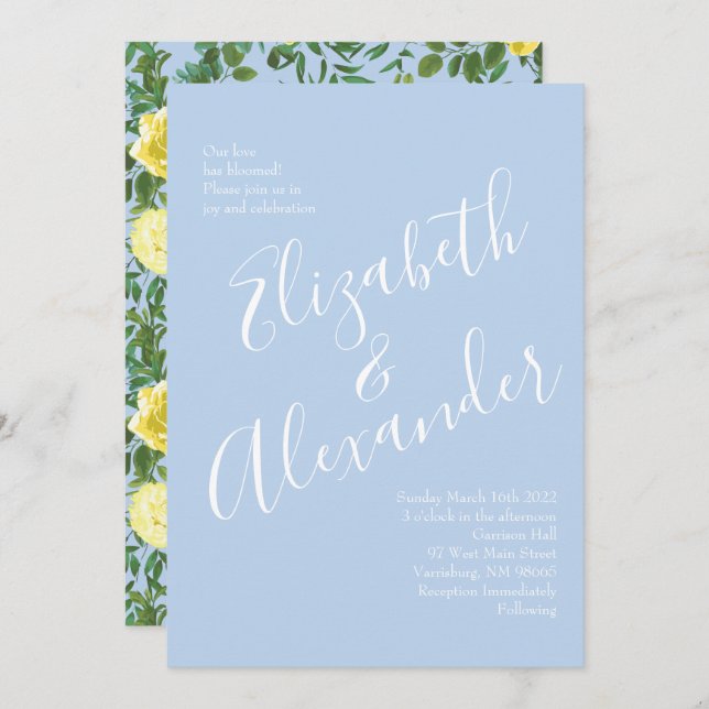 Light Yellow & Pale Blue Rose Floral Wedding Invitation (Front/Back)