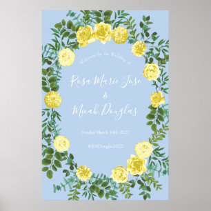 Light Yellow & Pale Blue Rose Floral Wedding Poster